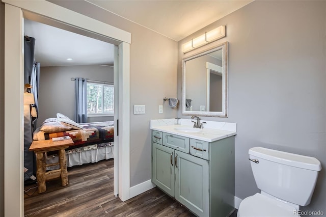 bathroom with vanity, wood finished floors, baseboards, toilet, and connected bathroom