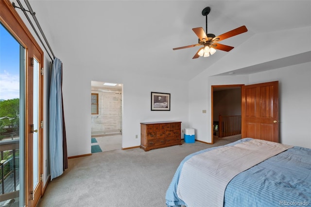 18 Blue Sage, Littleton, CO 80127 - bedroom featuring light colored carpet, high vaulted ceiling, ceiling fan, and ensuite bathroom