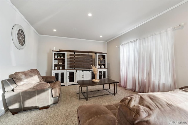 living room with carpet flooring and crown molding