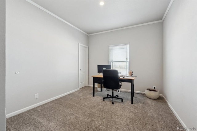 carpeted home office with ornamental molding