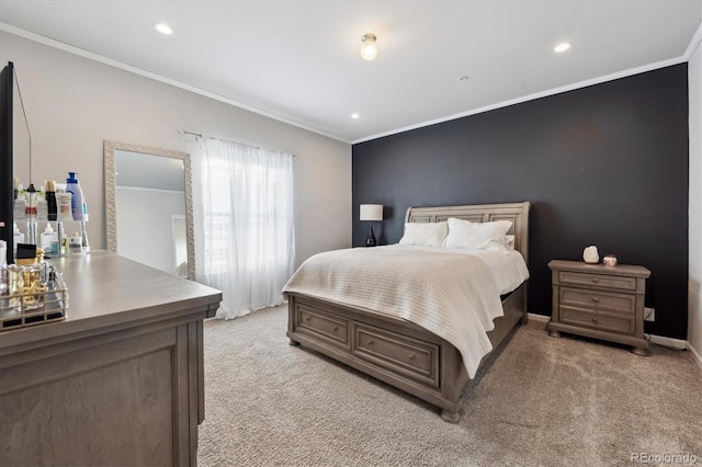 carpeted bedroom with ornamental molding