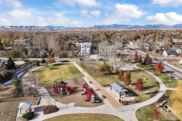 bird's eye view with a mountain view