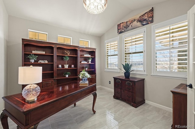 office space featuring a notable chandelier, vaulted ceiling, and baseboards