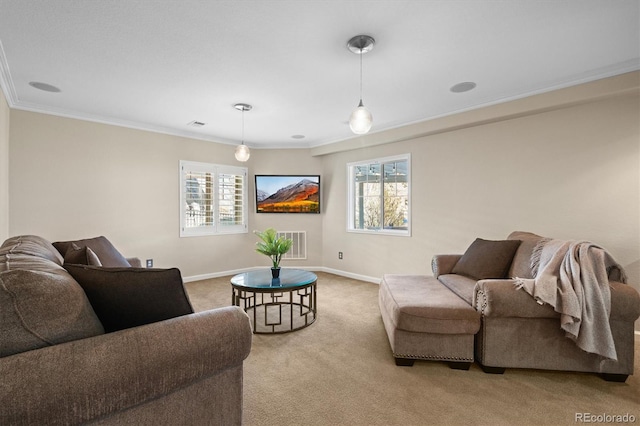 living area featuring light carpet, ornamental molding, visible vents, and baseboards