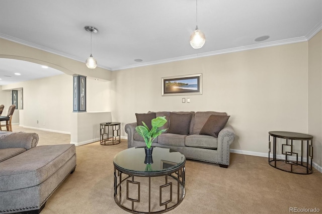 living room with arched walkways, baseboards, crown molding, and carpet