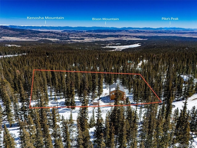 birds eye view of property featuring a mountain view and a forest view