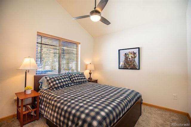 bedroom featuring lofted ceiling, ceiling fan, carpet, and baseboards