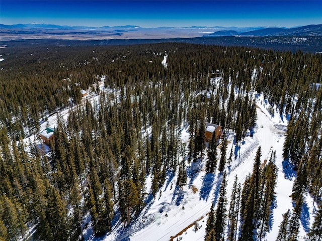 snowy aerial view with a mountain view and a view of trees