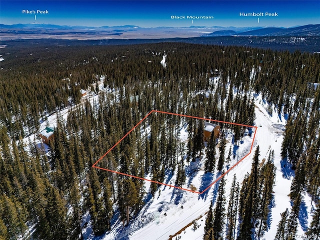 snowy aerial view with a mountain view and a forest view