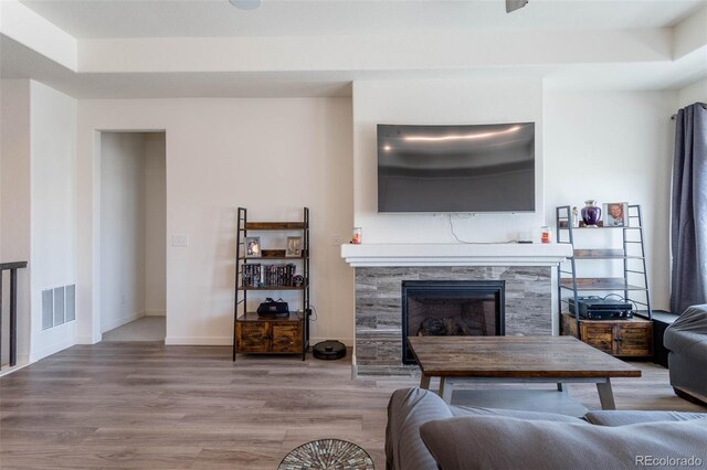 living room featuring a stone fireplace, hardwood / wood-style flooring, and a raised ceiling