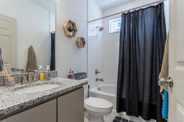 full bathroom with tile flooring, shower / tub combo, toilet, and vanity