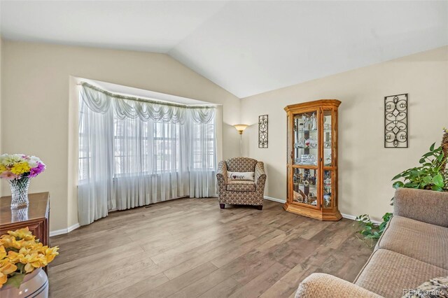 16048 Butterwort Cir, Parker, CO 80134 - living area with baseboards, vaulted ceiling, and wood finished floors