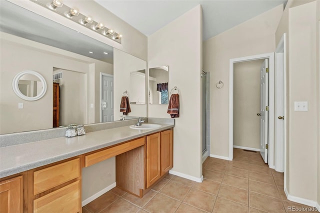 16048 Butterwort Cir, Parker, CO 80134 - full bathroom featuring a stall shower, vanity, baseboards, tile patterned flooring, and visible vents