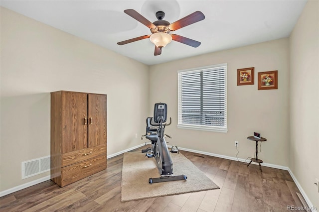 16048 Butterwort Cir, Parker, CO 80134 - exercise room with wood finished floors, visible vents, baseboards, and ceiling fan