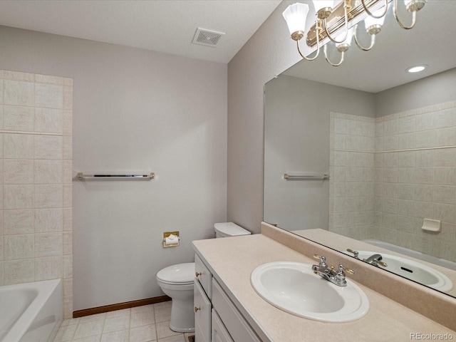 6900 W Grant Ranch Blvd Unit 49, Littleton, CO 80123 - bathroom featuring vanity, toilet, tile patterned flooring, tub / shower combination, and a chandelier