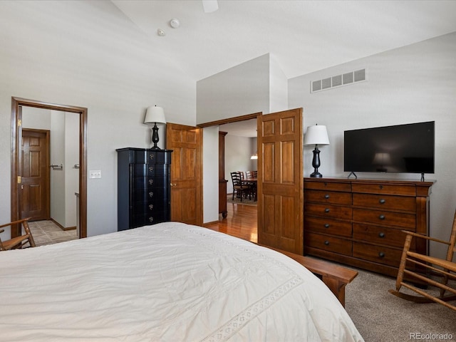 6900 W Grant Ranch Blvd Unit 49, Littleton, CO 80123 - bedroom with high vaulted ceiling and a ceiling fan