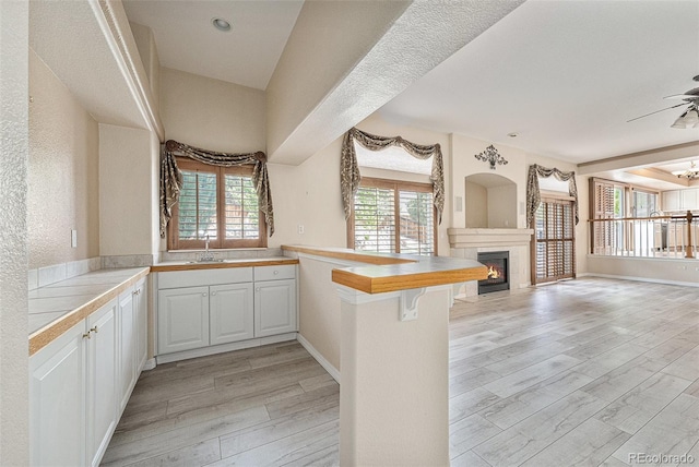 10155 Charissglen Ln, Littleton, CO 80126 - kitchen featuring a peninsula, open floor plan, light wood finished floors, a sink, and a tiled fireplace