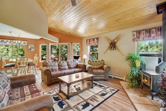 living room featuring a wood stove, baseboard heating, light hardwood / wood-style flooring, lofted ceiling, and wood ceiling