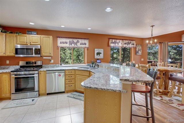 kitchen featuring plenty of natural light, a kitchen breakfast bar, decorative light fixtures, appliances with stainless steel finishes, and a notable chandelier