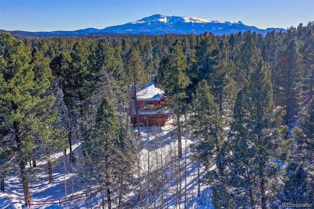 snowy aerial view with a mountain view