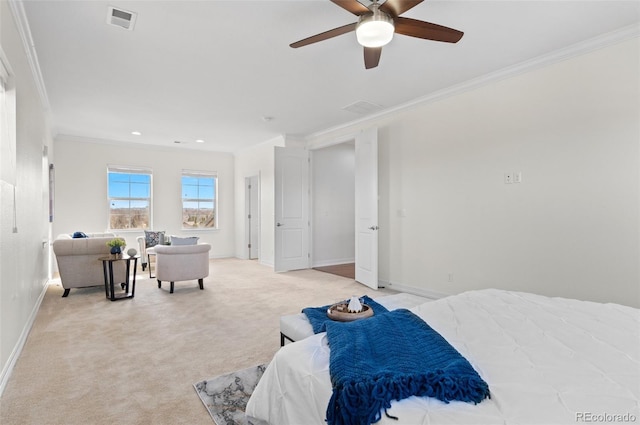 bedroom with baseboards, visible vents, crown molding, and light colored carpet