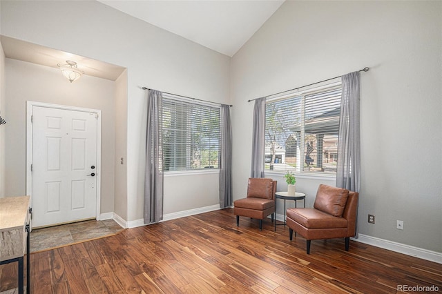 10359 Tracewood Dr, Highlands Ranch, CO 80130 - living area with wood finished floors, baseboards, and high vaulted ceiling