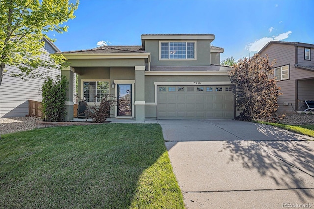 10359 Tracewood Dr, Highlands Ranch, CO 80130 - view of front of home with concrete driveway, a garage, stucco siding, a front lawn, and a tiled roof