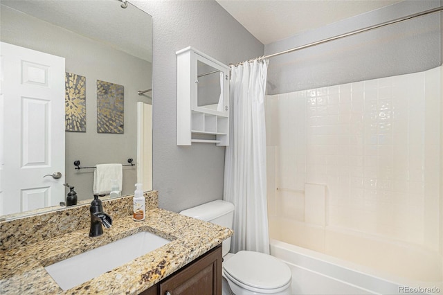 10359 Tracewood Dr, Highlands Ranch, CO 80130 - bathroom featuring toilet, vanity, shower / tub combo, and a textured wall