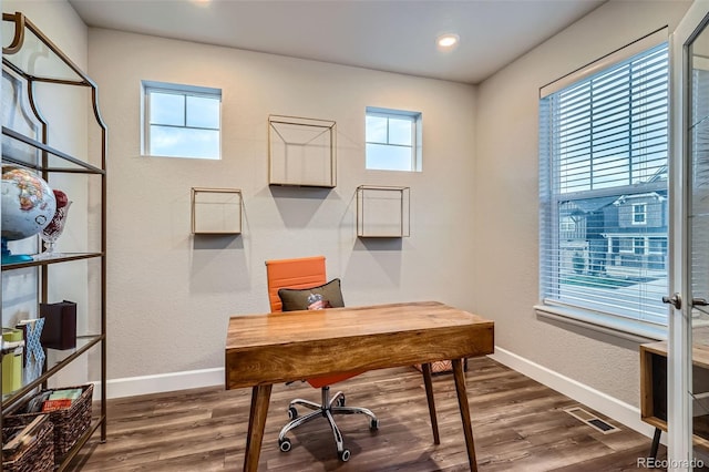 office area with baseboards, dark wood finished floors, and recessed lighting