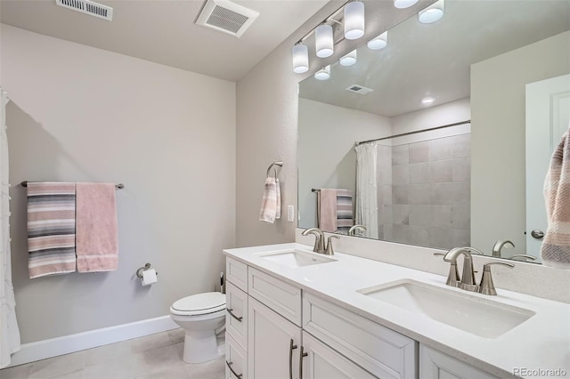full bathroom with tile patterned flooring, toilet, baseboards, curtained shower, and double vanity