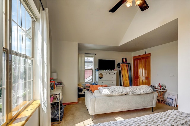 3354 Wabash St, Denver, CO 80238 - carpeted living area with ceiling fan and high vaulted ceiling