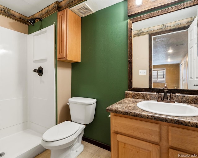 full bathroom featuring toilet, visible vents, vanity, and a shower stall