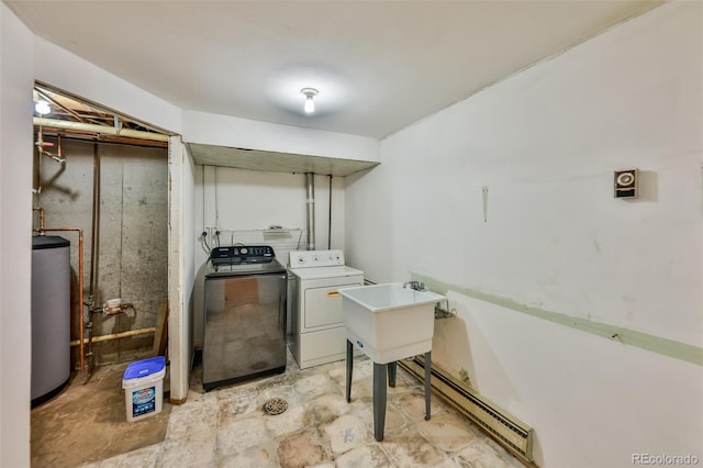 washroom featuring independent washer and dryer, a baseboard heating unit, water heater, hookup for a washing machine, and sink