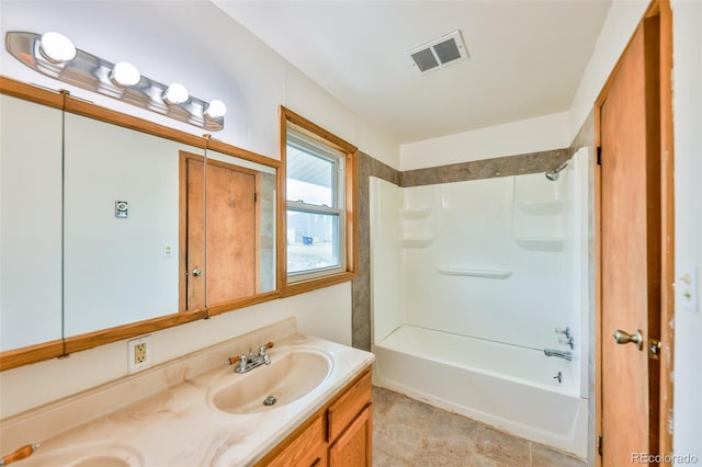 bathroom with dual bowl vanity, shower / bathing tub combination, and tile floors