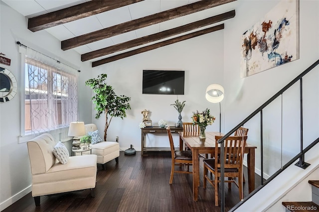 dining space with vaulted ceiling with beams and hardwood / wood-style flooring