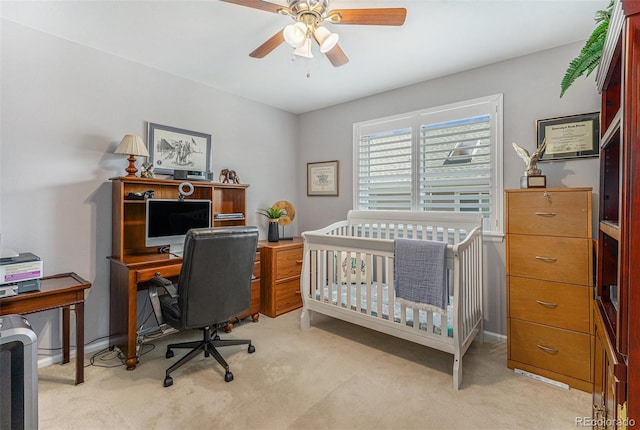 6836 Poppy Ct, Arvada, CO 80007 - bedroom with light colored carpet, a desk, and a ceiling fan