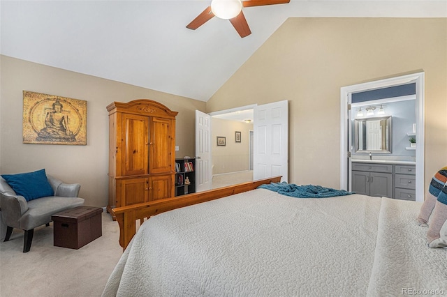 6836 Poppy Ct, Arvada, CO 80007 - bedroom featuring high vaulted ceiling, light carpet, ensuite bathroom, and a ceiling fan