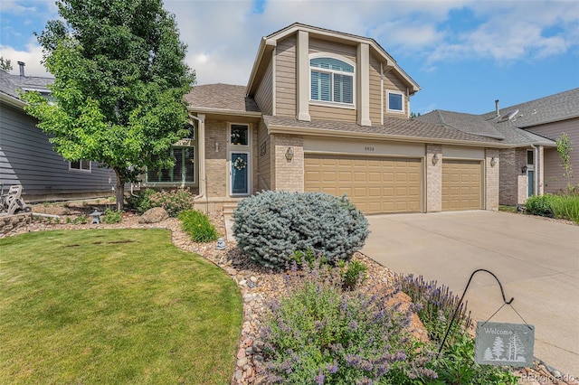 6836 Poppy Ct, Arvada, CO 80007 - view of front of house featuring brick siding, driveway, a front yard, a shingled roof, and an attached garage