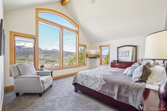 50 Spinning Leaf Trl, Silverthorne, CO 80498 - carpeted bedroom featuring high vaulted ceiling, beamed ceiling, baseboards, and a mountain view