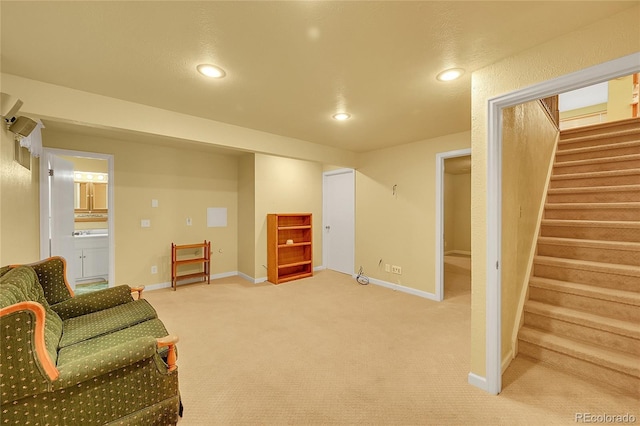 6425 W Frost Dr, Littleton, CO 80128 - sitting room featuring stairway, light colored carpet, and recessed lighting