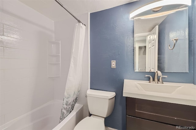 1008 N Corona St Unit 403, Denver, CO 80218 - bathroom featuring toilet, vanity, shower / bathtub combination with curtain, and a textured wall