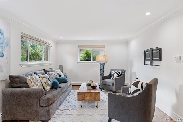 3190 S Detroit St, Denver, CO 80210 - living room featuring plenty of natural light, light wood-style floors, crown molding, and recessed lighting