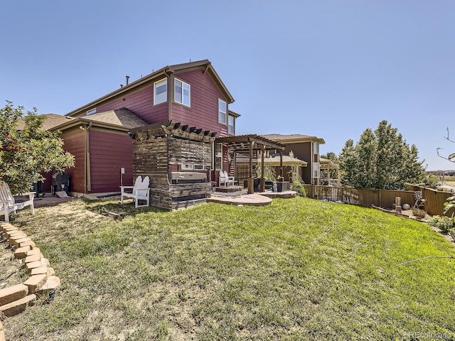 rear view of house with a patio area, fence, a lawn, and a pergola