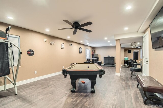 game room featuring a ceiling fan, billiards, wood finished floors, recessed lighting, and baseboards