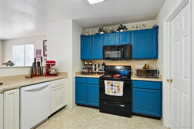 10223 Vine Ct, Thornton, CO 80229 - kitchen featuring black appliances, blue cabinets, light countertops, and a textured ceiling