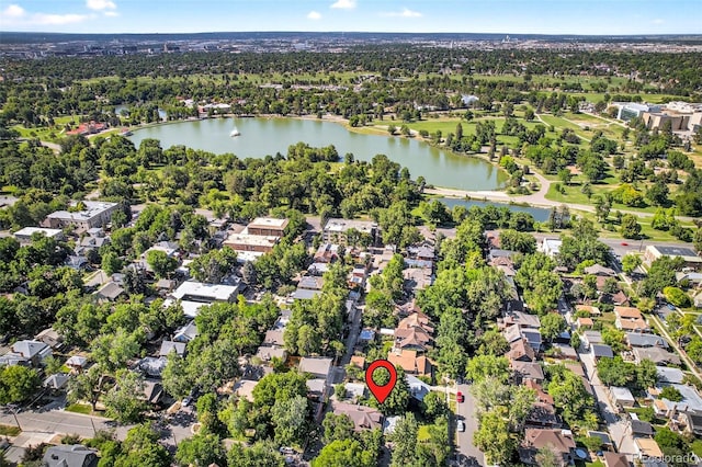 3421 E 16th Ave, Denver, CO 80206 - aerial overview of property's location with a nearby body of water and nearby suburban area
