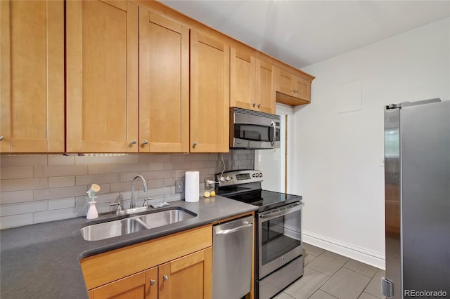 3421 E 16th Ave, Denver, CO 80206 - kitchen featuring stainless steel appliances, tasteful backsplash, dark countertops, and light tile patterned floors
