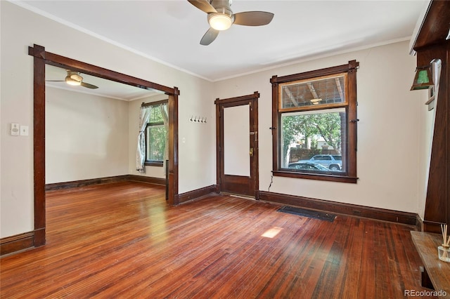 3421 E 16th Ave, Denver, CO 80206 - empty room with a ceiling fan, wood finished floors, and ornamental molding