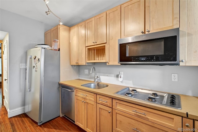 3421 E 16th Ave, Denver, CO 80206 - kitchen with stainless steel appliances, light brown cabinets, dark wood finished floors, and light countertops