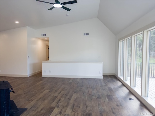 14546 Pine View Rd, Larkspur, CO 80118 - unfurnished living room with a ceiling fan, vaulted ceiling, baseboards, and wood finished floors
